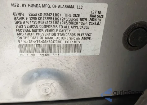 2019 Honda Pilot Elite from USA, damaged, VIN 5FNYF6H05KB047070